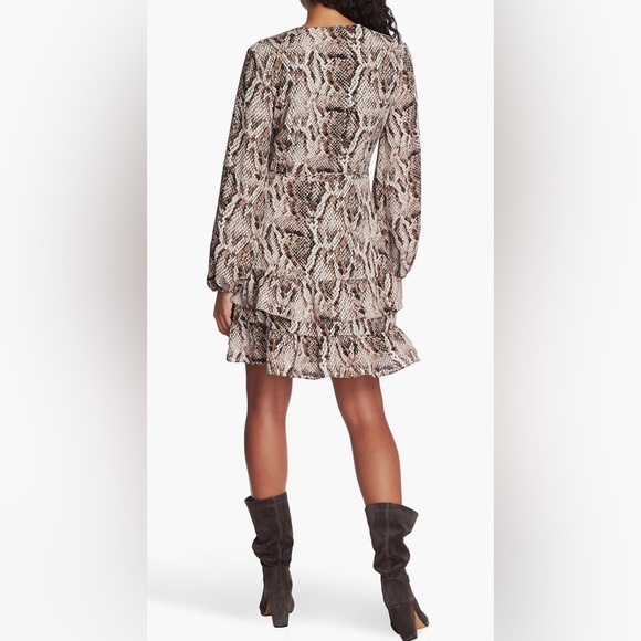 1. STATE Brown Sultry Snakeskin Print Ruffled Long Sleeve Wrap Mini Dress Size 4 - Picture 3 of 13